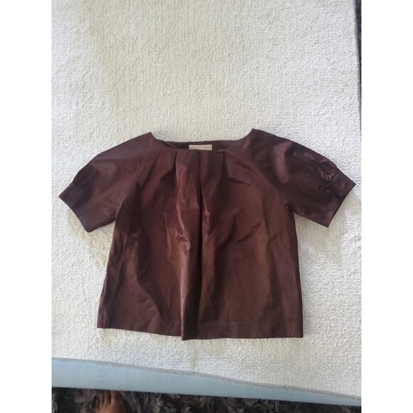 2 Michael by Michael Kors Med Short Sleeve Pleated Satiny Tops Green & Brown - Picture 8 of 14